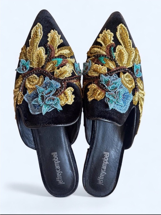 Jeffrey Campbell Shoes - Jeffrey Campbell Black Velvet Pointed Mules with Gold & Teal Floral Embroidery